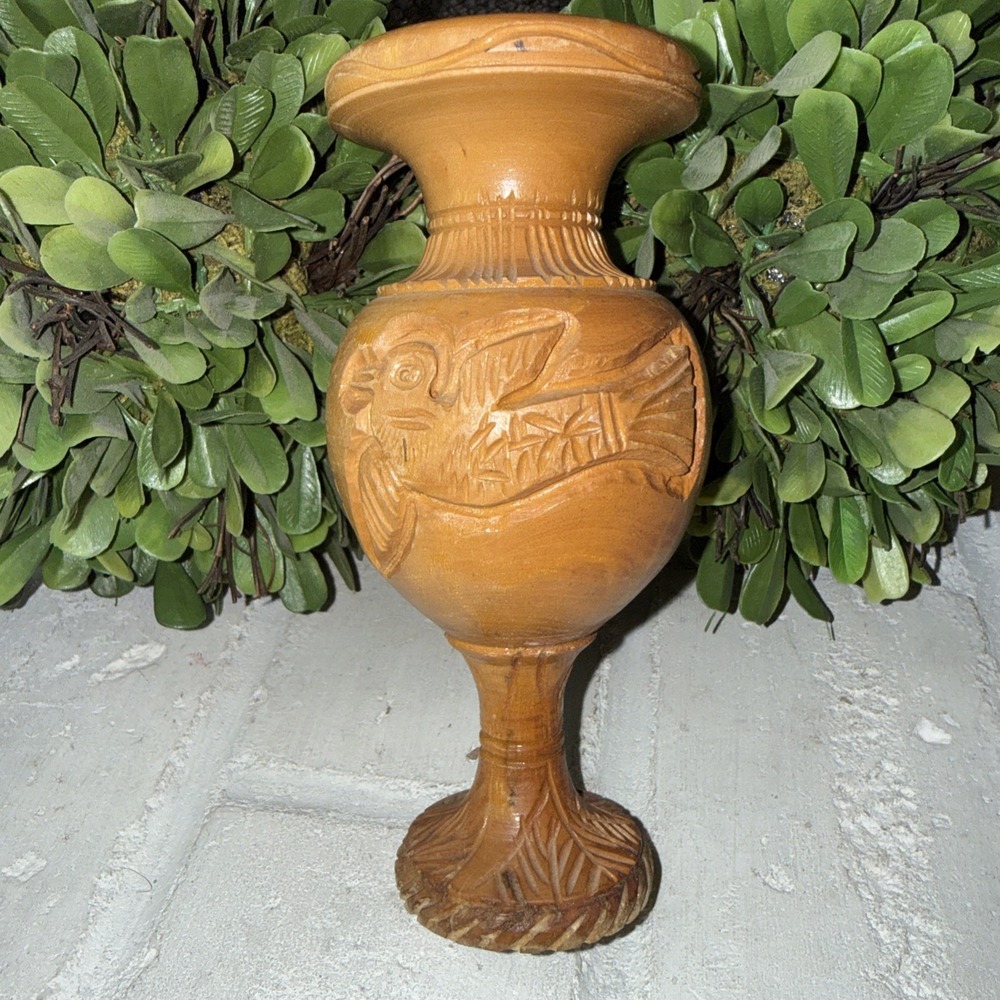Olive Wood Vintage Vase Bird And Palm Tree Design 6.25"‎ Tall 2.5" Wide